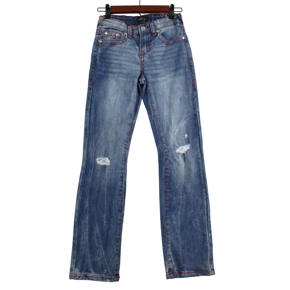 True Religion Ricky Relaxed Straight Jeans Blue Red Stitch Distressed Size 12